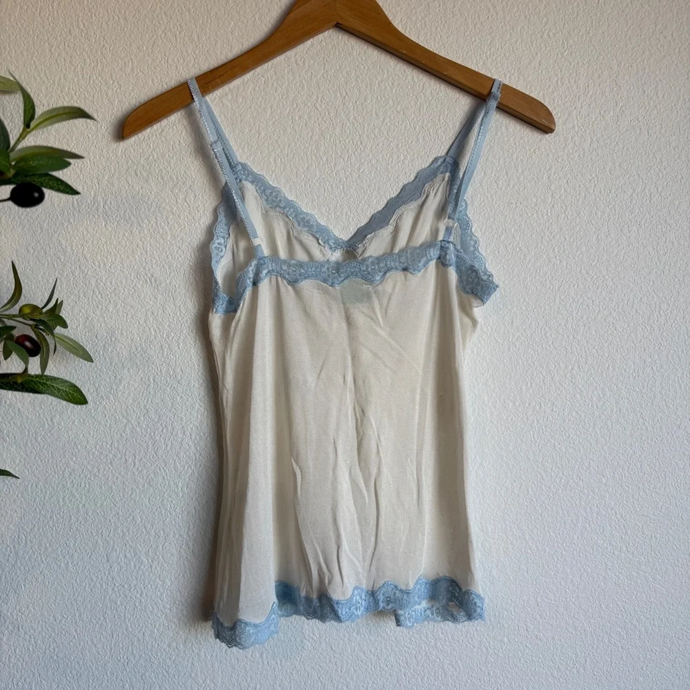 Vintage Mary Green Silk Romantic Lace Trim Cami Tank Top Blue Ivory Size Medium - Picture 4 of 6